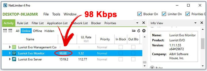 Net Limiter shows 98 Kbps